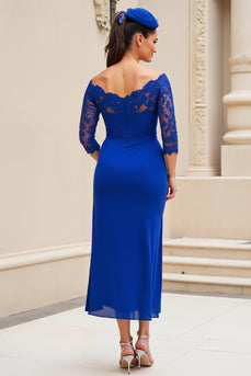 Royal Blue Ruched Midi Mother of the Bride Dress with Lace