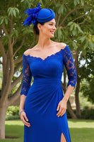 Load image into Gallery viewer, Royal Blue Ruched Midi Mother of the Bride Dress with Lace