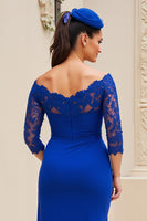 Load image into Gallery viewer, Royal Blue Ruched Midi Mother of the Bride Dress with Lace