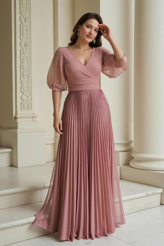 Dusty Rose Chiffon Pleated A-Line Long Mother of the Bride Dress