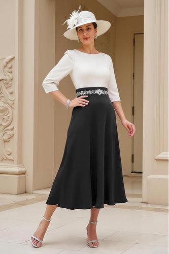 Black A Line Boat Neck Midi Mother of the Bride Dress with Long Sleeves