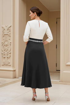 Black A Line Boat Neck Midi Mother of the Bride Dress with Long Sleeves