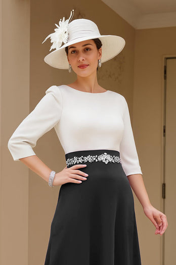 Black A Line Boat Neck Midi Mother of the Bride Dress with Long Sleeves