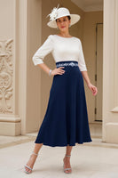 Load image into Gallery viewer, Black A Line Boat Neck Midi Mother of the Bride Dress with Long Sleeves