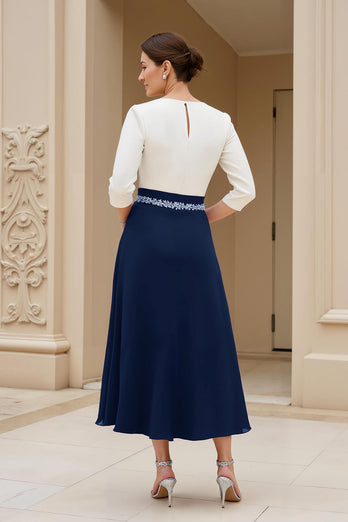 Black A Line Boat Neck Midi Mother of the Bride Dress with Long Sleeves
