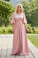 Load image into Gallery viewer, Blush Ruched Long A-Line Mother of the Bride Dress with Sleeves
