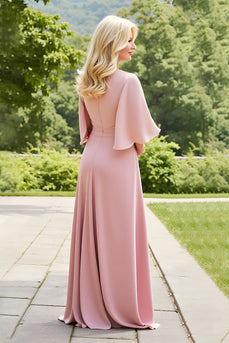 Blush Ruched Long A-Line Mother of the Bride Dress with Sleeves