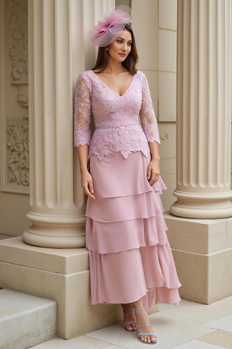 Blush Chiffon Ruffled Long Mother of the Bride Dress with Sleeves
