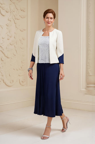 Navy 3 Piece Long Mother of the Bride Outfits with Long Sleeves