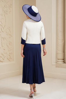 Navy 3 Piece Long Mother of the Bride Outfits with Long Sleeves