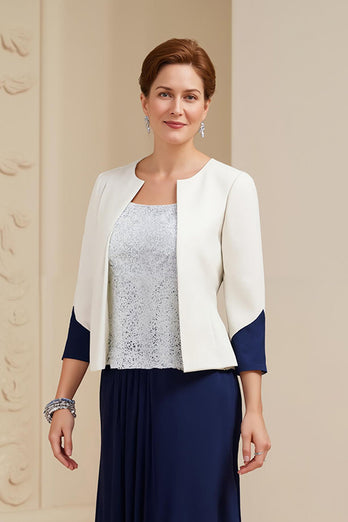 Navy 3 Piece Long Mother of the Bride Outfits with Long Sleeves