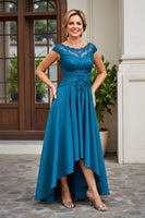 Load image into Gallery viewer, Peacock Blue A Line Asymmetrical Mother of the Bride Dress with Lace