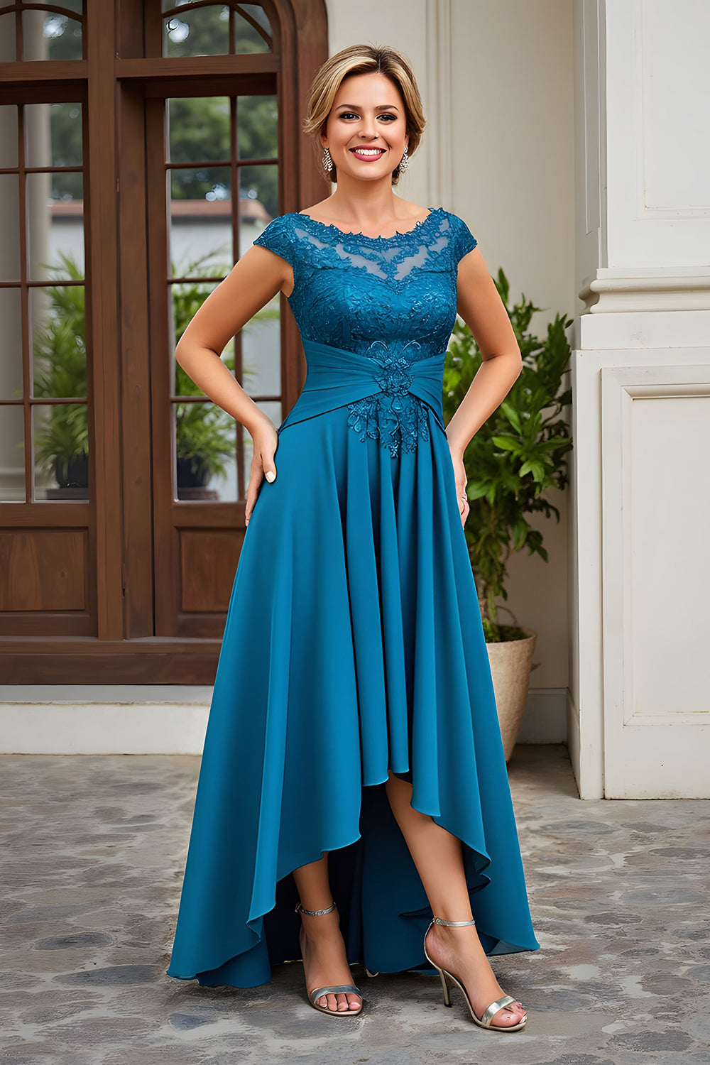 Peacock Blue A Line Asymmetrical Mother of the Bride Dress with Lace