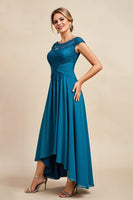 Load image into Gallery viewer, Peacock Blue A Line Asymmetrical Mother of the Bride Dress with Lace