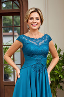 Load image into Gallery viewer, Peacock Blue A Line Asymmetrical Mother of the Bride Dress with Lace