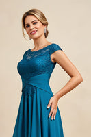 Load image into Gallery viewer, Peacock Blue A Line Asymmetrical Mother of the Bride Dress with Lace