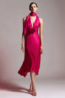 Load image into Gallery viewer, Fuchsia Satin Halter A-Line Midi Formal Dress