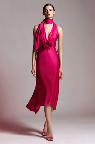 Fuchsia Satin Halter A-Line Midi Formal Dress
