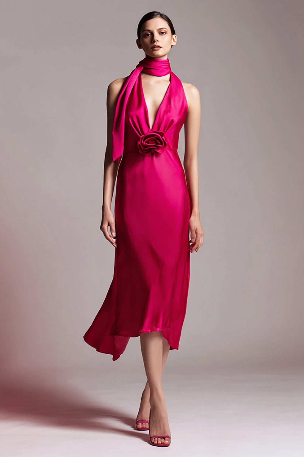 Fuchsia Satin Halter A-Line Midi Formal Dress