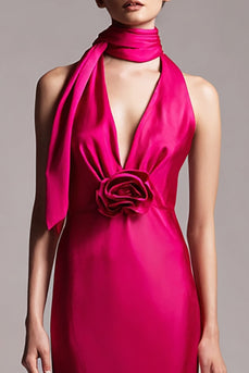 Fuchsia Satin Halter A-Line Midi Formal Dress