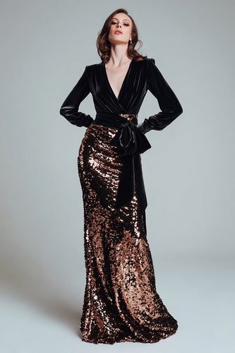 Sparkly Black and Coffee Sequin Mermaid Long Formal Dress with Bow