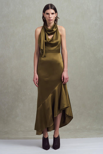 Olive Satin Halter Sheath Asymmetrical Long Formal Dress