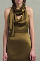 Load image into Gallery viewer, Olive Satin Halter Sheath Asymmetrical Long Formal Dress