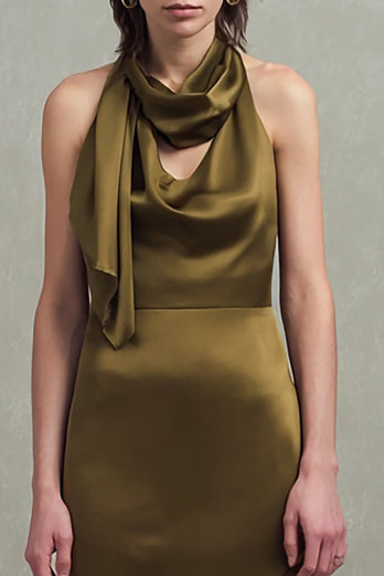 Olive Satin Halter Sheath Asymmetrical Long Formal Dress