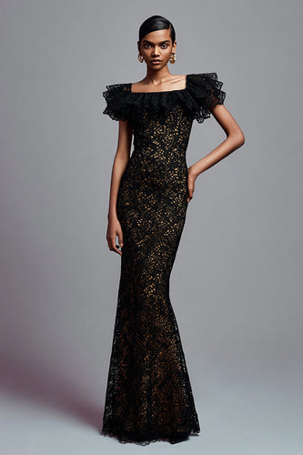 Black Lace Mermaid Long Formal Dress with Sleeves