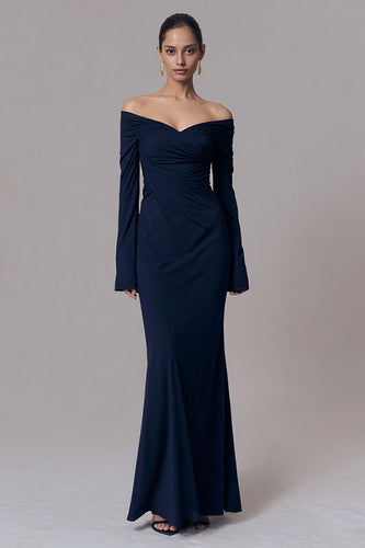 Simple Navy Mermaid Off the Shoulder Formal Dress with Long Sleeves