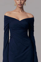 Load image into Gallery viewer, Simple Navy Mermaid Off the Shoulder Formal Dress with Long Sleeves