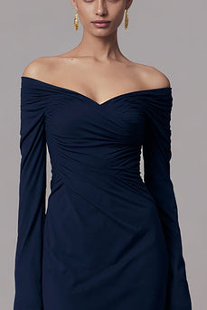 Simple Navy Mermaid Off the Shoulder Formal Dress with Long Sleeves