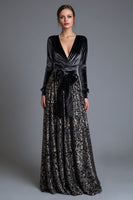 Load image into Gallery viewer, Sparkly Black Sequin Long Sleeves Formal Dress with Bow