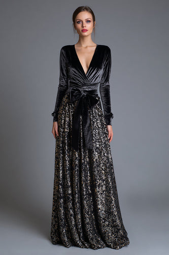 Sparkly Black Sequin Long Sleeves Formal Dress with Bow