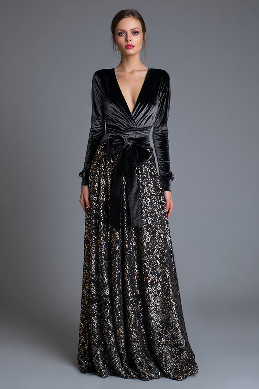 Sparkly Black Sequin Long Sleeves Formal Dress with Bow