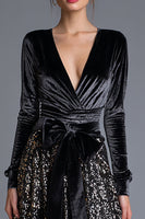 Load image into Gallery viewer, Sparkly Black Sequin Long Sleeves Formal Dress with Bow