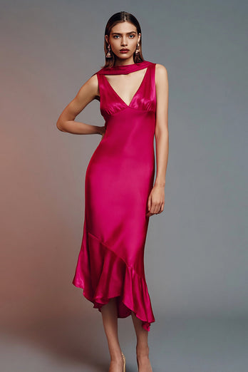 Fuchsia Satin V-Neck Sheath Asymmetrical Formal Dress
