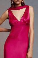 Load image into Gallery viewer, Fuchsia Satin V-Neck Sheath Asymmetrical Formal Dress