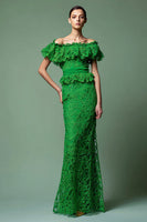 Load image into Gallery viewer, Green Lace Off the Shoulder Mermaid Long Formal Dress with Ruffles