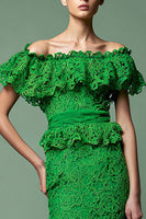 Load image into Gallery viewer, Green Lace Off the Shoulder Mermaid Long Formal Dress with Ruffles