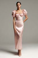 Load image into Gallery viewer, Pink Satin Sheath Puff Sleeves Long Formal Dress