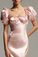 Load image into Gallery viewer, Pink Satin Sheath Puff Sleeves Long Formal Dress