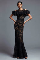 Load image into Gallery viewer, Black Lace Mermaid Cold Shoulder Long Formal Dress with Ruffles