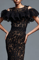 Load image into Gallery viewer, Black Lace Mermaid Cold Shoulder Long Formal Dress with Ruffles