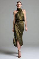 Load image into Gallery viewer, Olive Satin Sheath High Neck Asymmetrical Formal Dress