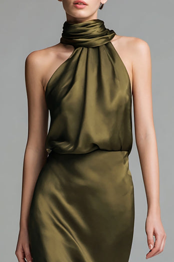 Olive Satin Sheath High Neck Asymmetrical Formal Dress