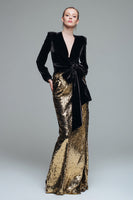 Load image into Gallery viewer, Sparkly Black and Gold Sequin Mermaid Formal Dress with Bow