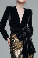 Load image into Gallery viewer, Sparkly Black and Gold Sequin Mermaid Formal Dress with Bow