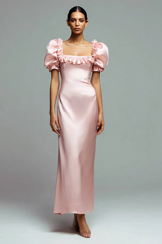Pink Satin Puff Sleeves Sheath Long Formal Dress