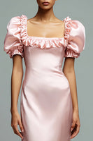 Load image into Gallery viewer, Pink Satin Puff Sleeves Sheath Long Formal Dress